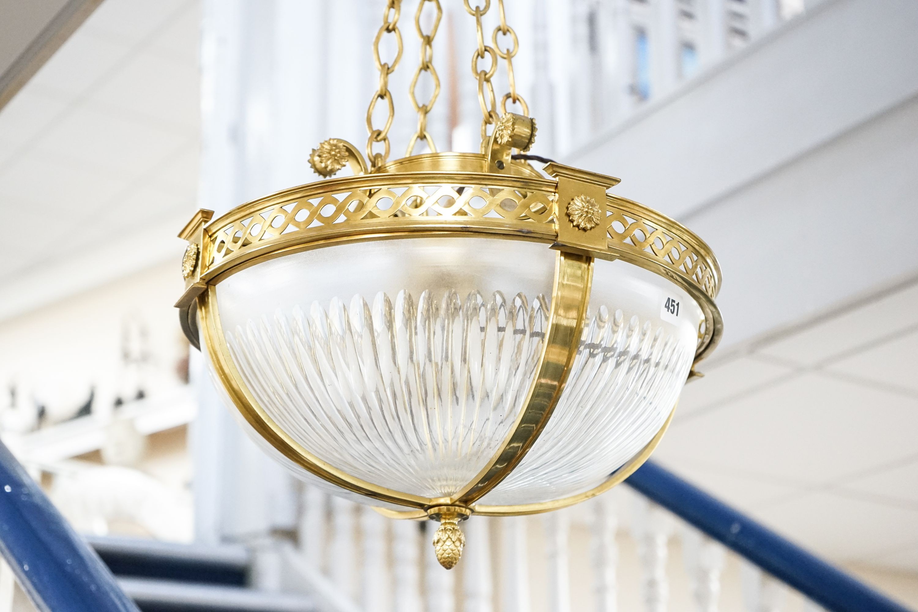 An Edwardian neoclassical cut glass and brass plafonnier ceiling light, 41 cm wide